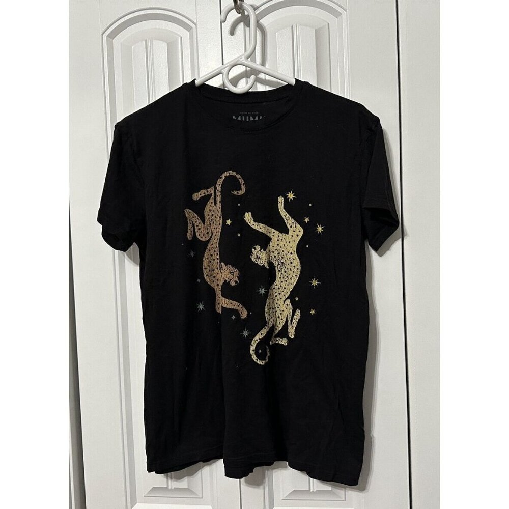 Show Me Your Mumu Shirt Womens Black Short Sleeve Tee Medium Leopards Stars